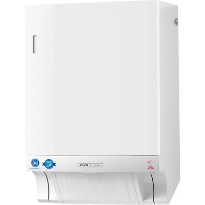 Le distributeur mural CWS ParadiseLine Dry Slim Non-Touch (blanc, 1 pièce) est conçu pour une distribution hygiénique des serviettes avec une plaque de suspension visible et un autocollant de certification sur le panneau avant inférieur gauche.