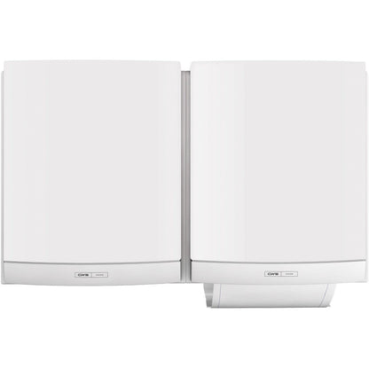 Zwei weiße CWS ParadiseLine Stoffhandtuchspender DUO inklusive Panel sind nebeneinander montiert. Der rechte Spender zeigt ein teilweise gespendetes Handtuch und bietet eine hygienische Lösung mit kleinen Etiketten in Bodennähe. Marke: CWS.