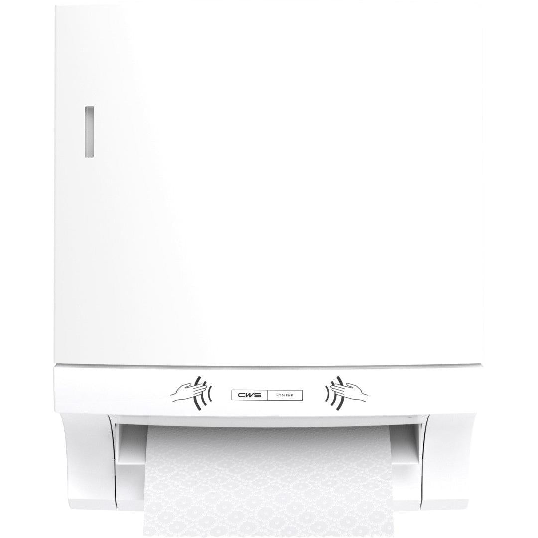Le distributeur de serviettes en papier CWS ParadiseLine Paperroll NT avec panneau blanc est monté au mur et distribue sans contact des serviettes en papier à motifs, garantissant un séchage des mains hygiénique - parfait pour un usage professionnel.