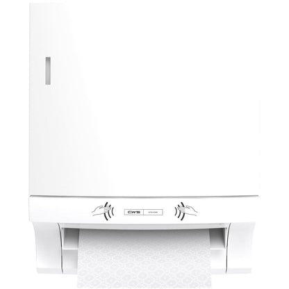 Le distributeur de serviettes en papier CWS ParadiseLine Paperroll NT avec panneau blanc est monté au mur et distribue sans contact des serviettes en papier à motifs, garantissant un séchage des mains hygiénique - parfait pour un usage professionnel.