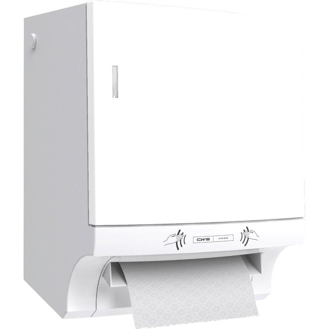 Le distributeur de serviettes en papier CWS ParadiseLine Paperroll NT avec panneau blanc est un distributeur mural pour un séchage des mains hygiénique - parfait pour un usage professionnel. Une partie du papier à motifs est visible.