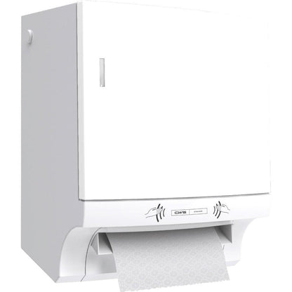Le distributeur de serviettes en papier CWS ParadiseLine Paperroll NT avec panneau blanc est un distributeur mural pour un séchage des mains hygiénique - parfait pour un usage professionnel. Une partie du papier à motifs est visible.