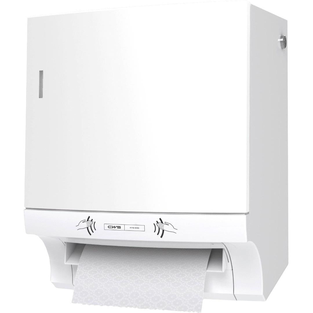 Le distributeur de serviettes en papier CWS ParadiseLine Paperroll NT avec panneau blanc est un distributeur mural blanc avec une distribution de papier texturé et des icônes pour un séchage des mains hygiénique - idéal pour un usage professionnel.