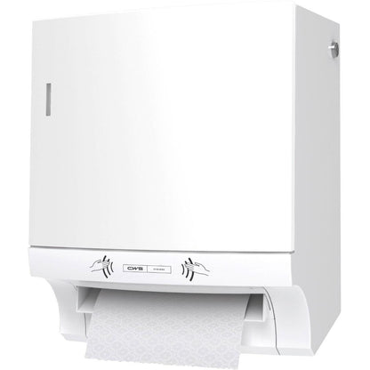 Le distributeur de serviettes en papier CWS ParadiseLine Paperroll NT avec panneau blanc est un distributeur mural blanc avec une distribution de papier texturé et des icônes pour un séchage des mains hygiénique - idéal pour un usage professionnel.