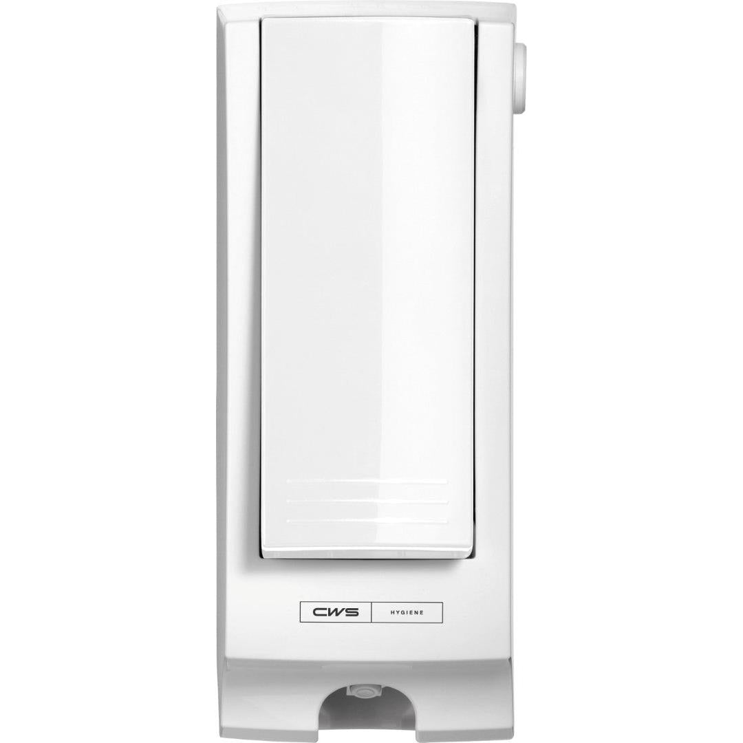 Der weiße CWS ParadiseLine Toilettensitzreiniger-Spender SeatCleaner inklusive Panel überzeugt mit modernem, rechteckigem Design und feinen Linien - das Label unten zeigt "CWS Hygiene" für Sauberkeit in jedem Umfeld.