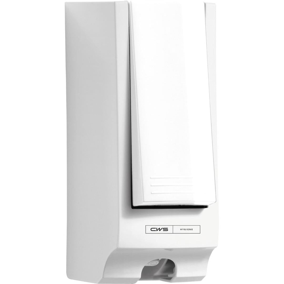 Der CWS ParadiseLine Toilettensitzreiniger-Spender inklusive Panel Weiß ist ein weißer, wandmontierter, rechteckiger Spender mit unterem Druckhebel. Die "CWS HYGIENE" Front bietet modernes Design für hygienische Sauberkeit in jedem Waschraum.