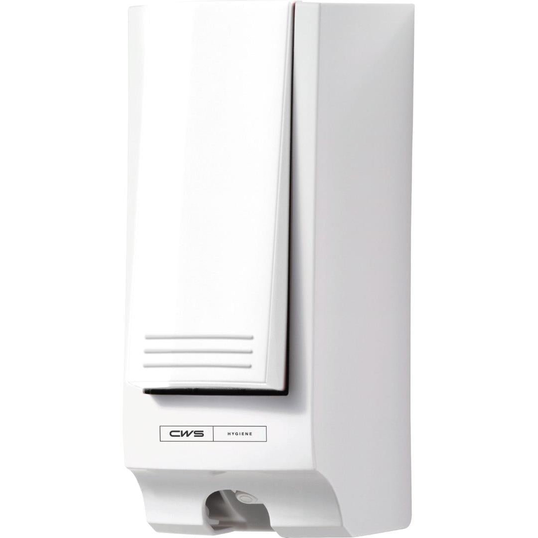 Der CWS ParadiseLine Toilettensitzreiniger-Spender SeatCleaner in Weiß ist ein rechteckiger, wandmontierter Spender mit modernem Design, Push-Hebel unten und "CWS Hygiene"-Label für hygienische Sauberkeit.