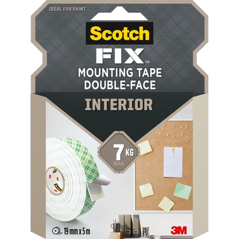 On montre un emballage de ruban de montage intérieur double face Scotch-FIX™ de 3M Deutschland GmbH avec un rouleau de ruban, un tableau d'affichage avec des papiers et des détails comme un poids maximal de 7 kg et une taille de 19 mm x 5 m.