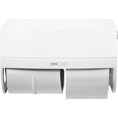 Der CWS ParadiseLine Toilettenpapierspender Toilettenpapier inklusive Panel Weiß fasst zwei Rollen (eine volle, eine teilweise), wird an der Wand montiert und trägt das CWS Logo - ideal für jeden WC-Bereich.