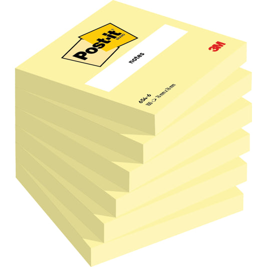 Ein Stapel Post-it® Notes (76 mm x 76 mm, 100 Blatt/Block, 100% PEFC) der 3M Deutschland GmbH, wobei die oberste Notiz das Logo und "notes" zeigt. Mehrere Blöcke sind zusammen gestapelt.