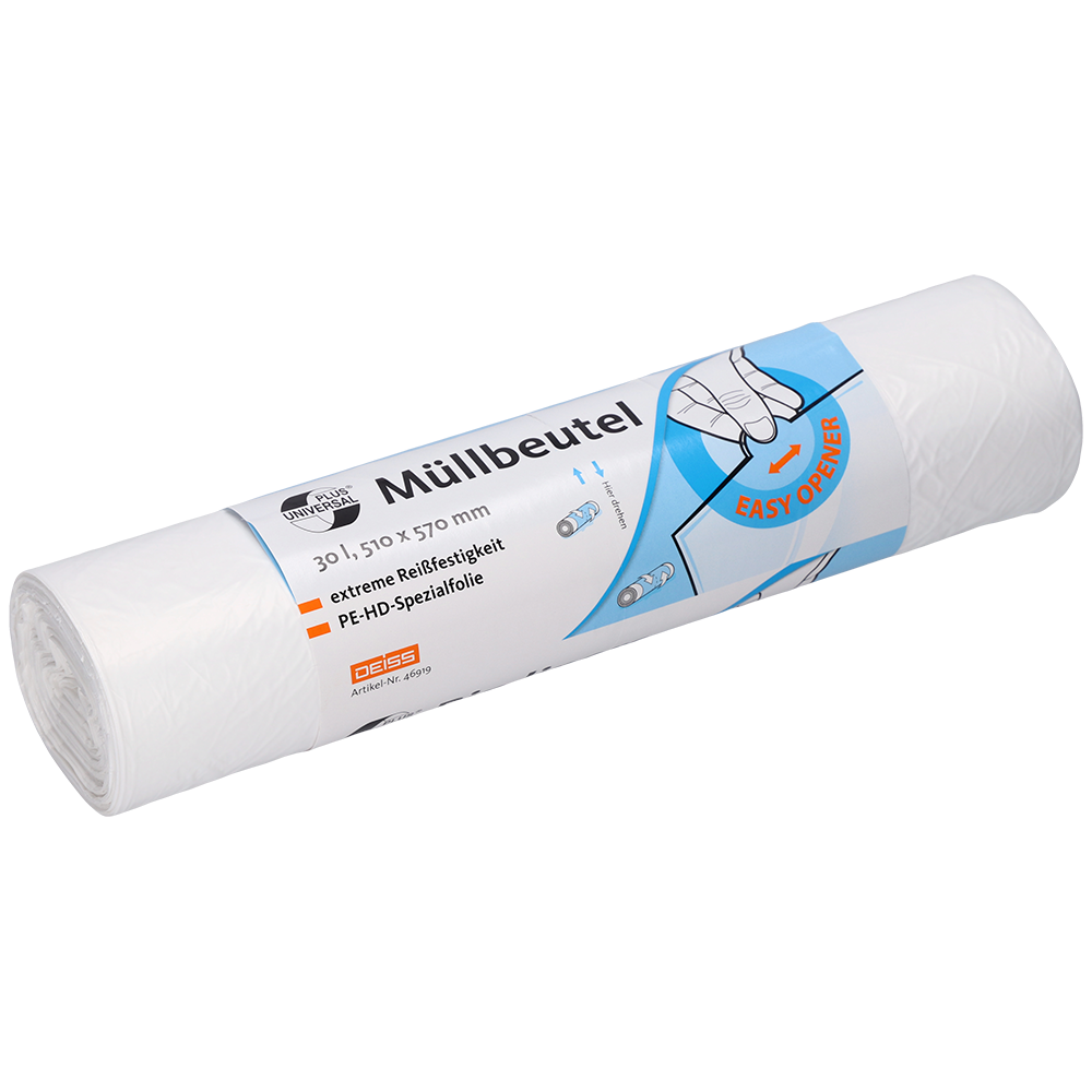 Eine Rolle DEISS 46919 weißer Müllbeutel von EMIL DEISS KG (GmbH + Co.), beschriftet mit "Müllbeutel", 30L, 510 x 570 mm, hygienisch wie Einweg-Handtücher, mit einfacher Öffnungsanleitung auf der Verpackung. Enthält 100 Beutel pro Rolle.