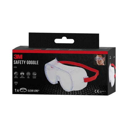 Une boîte rectangulaire des lunettes de protection 3M™ Classic 4700 avec des lentilles claires et une bande rouge a un emballage noir avec texte rouge/blanc, des symboles de sécurité et met en avant le design directement ventilé de 3M Deutschland GmbH.