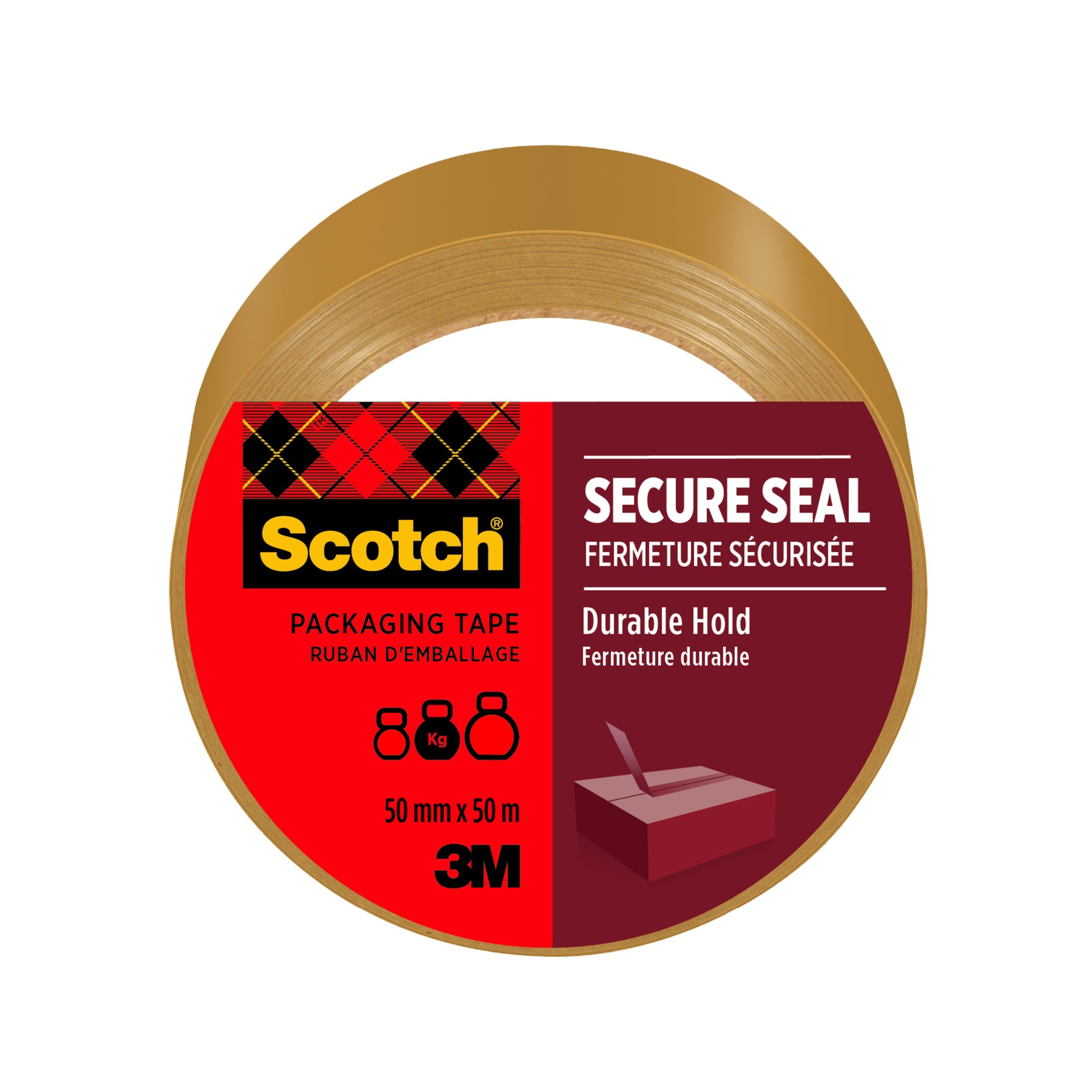 Eine 50 mm x 50 m große Rolle Scotch® Verpackungsklebeband der 3M Deutschland GmbH, braun, mit einem rot-schwarzen Etikett mit Marke, Produktname, Abmessungen und einem Schachtelsymbol, sorgt für sicheren Verschluss und dauerhaften Halt.