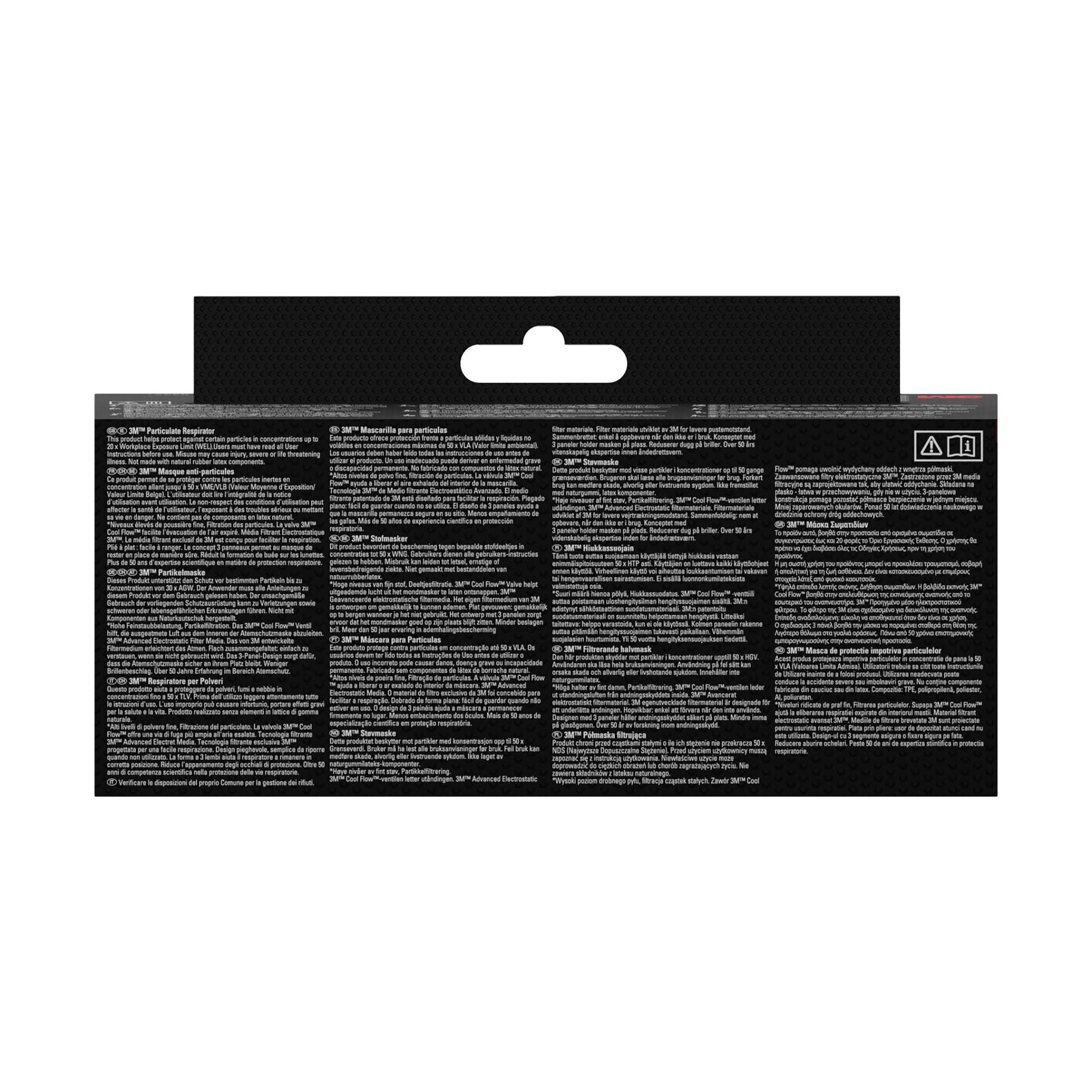 Die Abbildung zeigt die Rückseite einer 3M™ Aura™ Comfort Cool Flow™ Partikelmaske 9322+, FFP2, mit Ventil-Verpackung der 3M Deutschland GmbH mit mehrsprachigen Anweisungen und Warnhinweisen in kleiner weißer Schrift auf schwarzem Grund sowie einer Aufhängelasche oben.