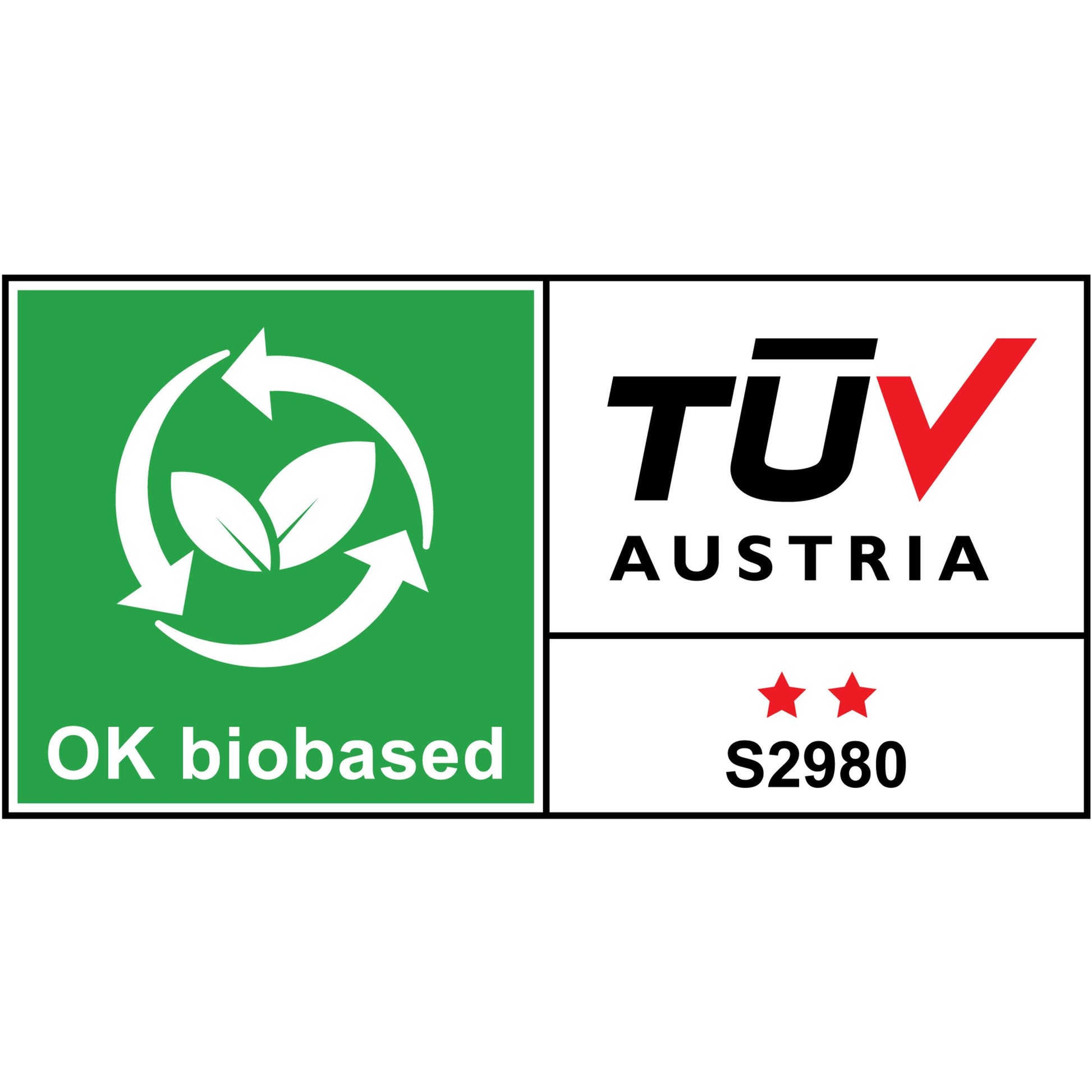 Das Scotch® Magic™ Klebeband 900-1933-9 der 3M Deutschland GmbH zeigt auf der linken Seite ein grün-weißes "OK biobased"-Logo mit Blatt und Pfeilen, auf der rechten Seite das TÜV Austria-Logo mit zwei roten Sternen und S2980.
