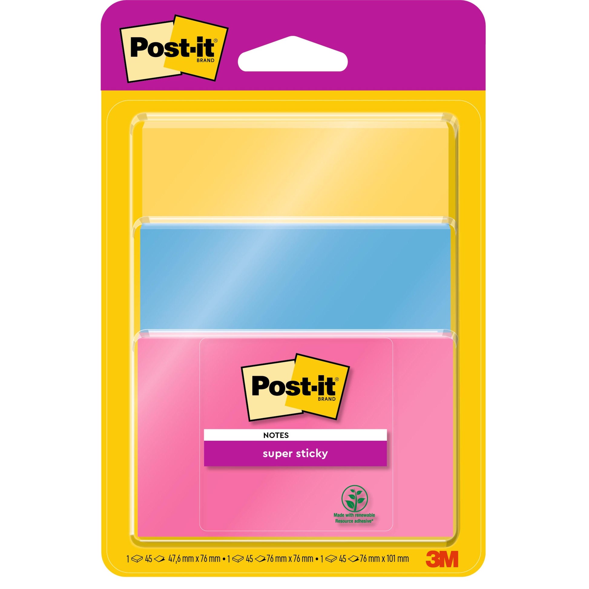 Eine Packung Post-it® Super Sticky Notes von 3M Deutschland GmbH, bestehend aus 3 Blöcken in verschiedenen Farben (je 45 Blatt), Größe 47,6 mm x 76 mm, PEFC-zertifiziert (SGSCH-PEFC-COC-110078), mit sichtbarem Post-it- und 3M-Logo.