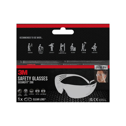 Eine Verpackung der 3M™ SecureFit™ Schutzbrille 200 von 3M Deutschland GmbH mit klaren Gläsern. Die Verpackung zeigt das Produktbild, Anwendungssymbole und gibt einen UV-Schutz von 99,9 % an.