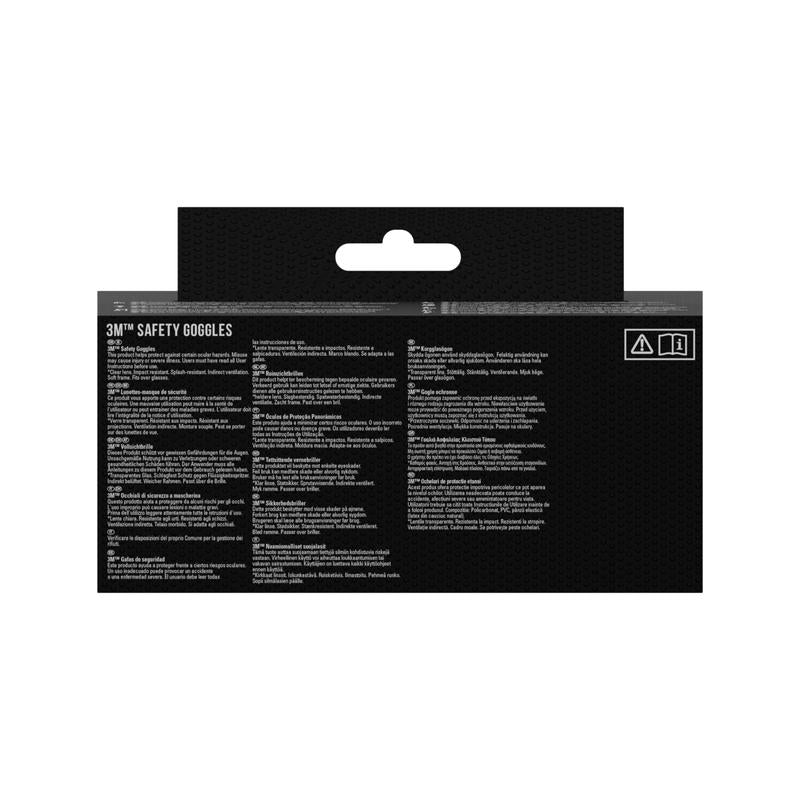 Le dos d'un emballage des lunettes de protection 3M™ Classic 4800 de 3M Deutschland GmbH montre les détails du produit, les instructions, les précautions et les avertissements en plusieurs langues sur fond noir. Deux symboles de sécurité mettent en valeur le design de la visière ventilée indirectement.