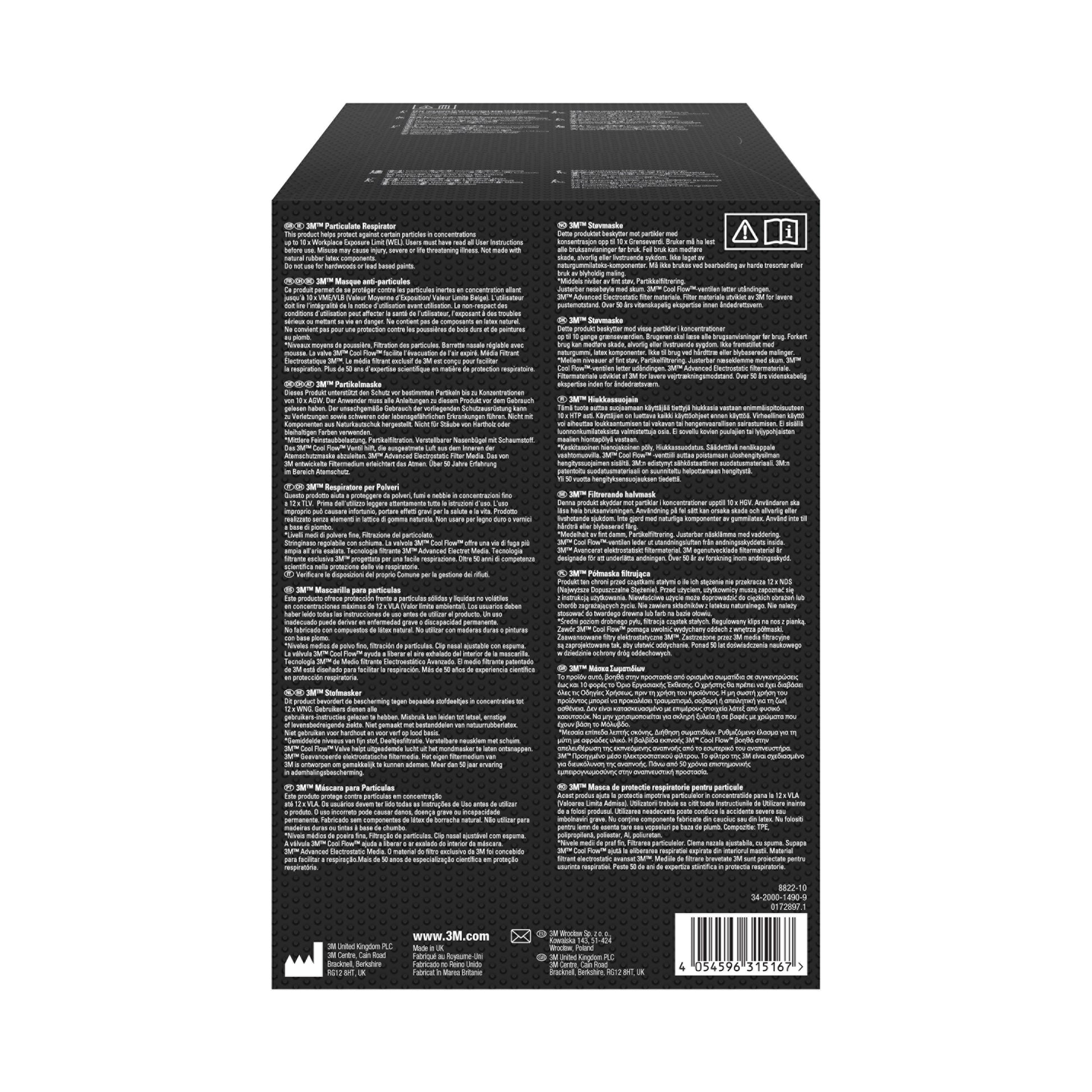 Rückseite eines schwarzen Kartons der 3M Deutschland GmbH mit weißem Text in mehreren Sprachen, der die 3M™ Cool Flow™ Partikelmaske 8822, FFP2, mit Ventil beschreibt. Am unteren Rand sind Produktdetails, Anweisungen, Sicherheitshinweise, Symbole und ein Strichcode zu sehen.