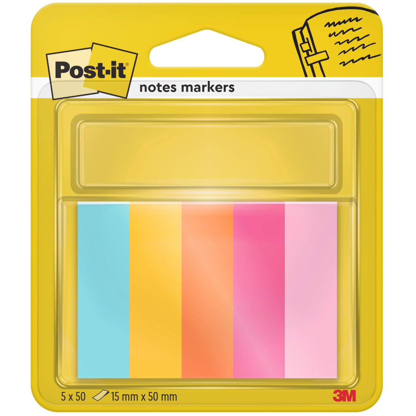Un paquet de marque-pages Post-it® (15 mm x 50 mm, 50 feuilles/bloc, 100% PEFC) de 3M Deutschland GmbH contient cinq onglets colorés en bleu, jaune, orange, rose et rose clair dans un support transparent sur un emballage de marque jaune.