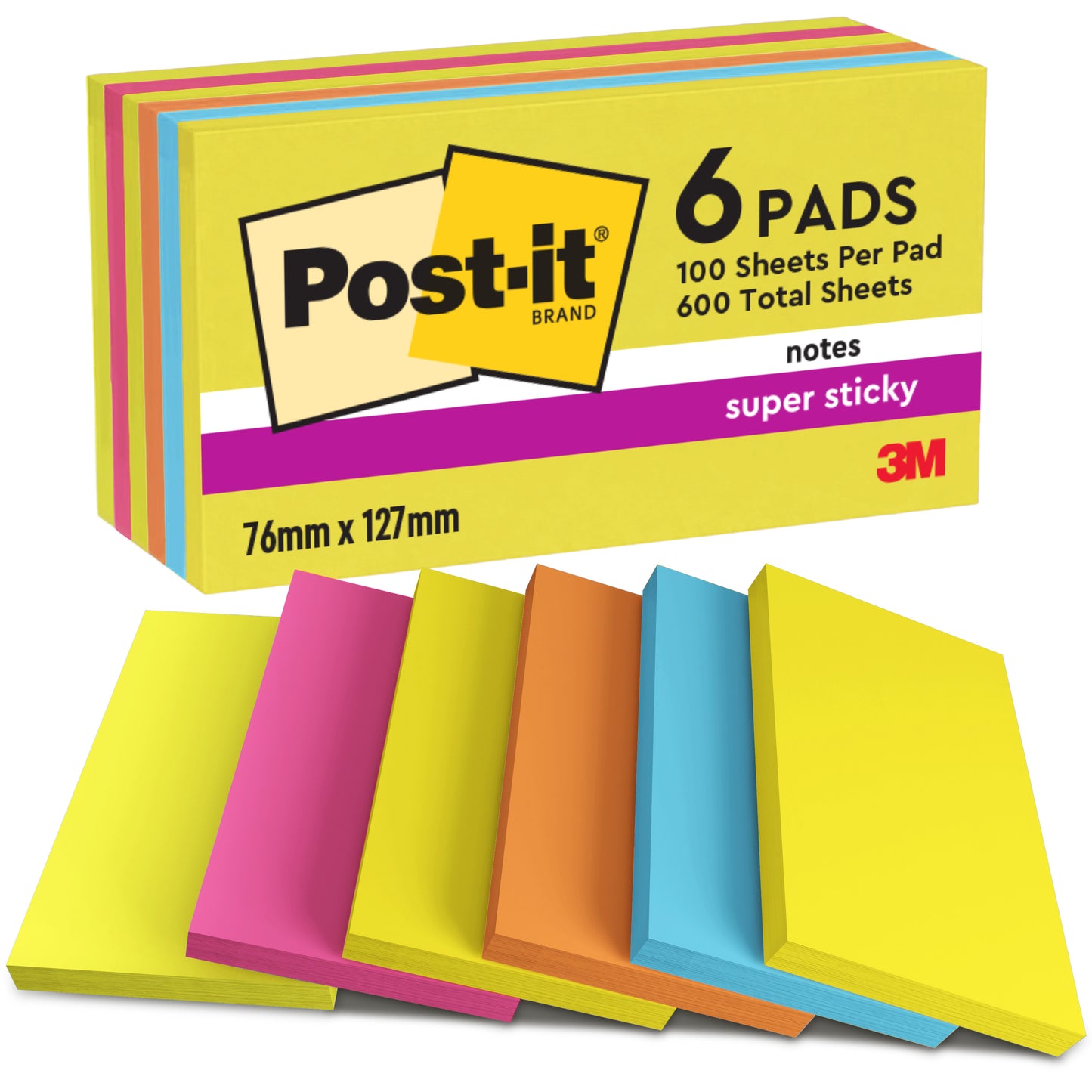 Six blocs de Post-it® Notes 3M de la Energetic Collection, 76 x 127 mm, 100 feuilles par bloc, triés par couleur, certifiés PEFC (SGSCH-PEFC-COC-110078), 6 blocs par paquet.