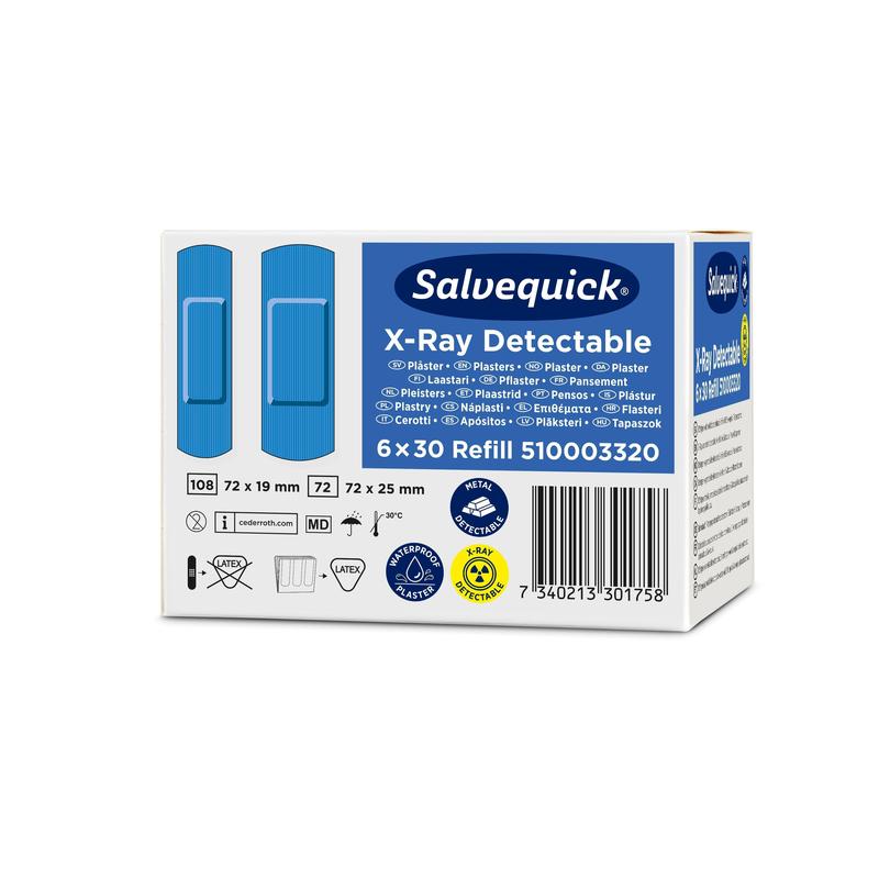 Un paquet de Orkla Wound Care AB Salvequick pansements détectables aux rayons X (30 pièces/recharge), six paquets par carton, illustré avec des bandages bleus et des informations produit sur un emballage bleu et blanc.