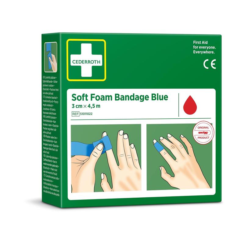 Eine grüne Verpackung von "Cederroth soft foam binde blau 3x450cm" von Orkla Wound Care AB zeigt Hände, die einen blauen Verband anlegen. Die Verpackung zeigt ein rotes Tropfensymbol und gibt die Größe mit 3 cm x 4,5 m (1 Stück) an.
