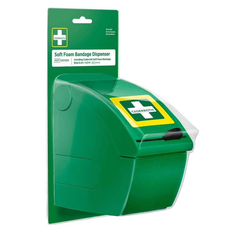 Der Cederroth soft foam verbandsspender blau von Orkla Wound Care AB ist ein blauer Spender auf einer Rückwandkarte mit der Aufschrift "Soft Foam Bandage Dispenser". Mit Pull-Down-Front und Kreuzsymbol ist er ideal für die schnelle Erstversorgung mit selbsthaftenden Verbänden.