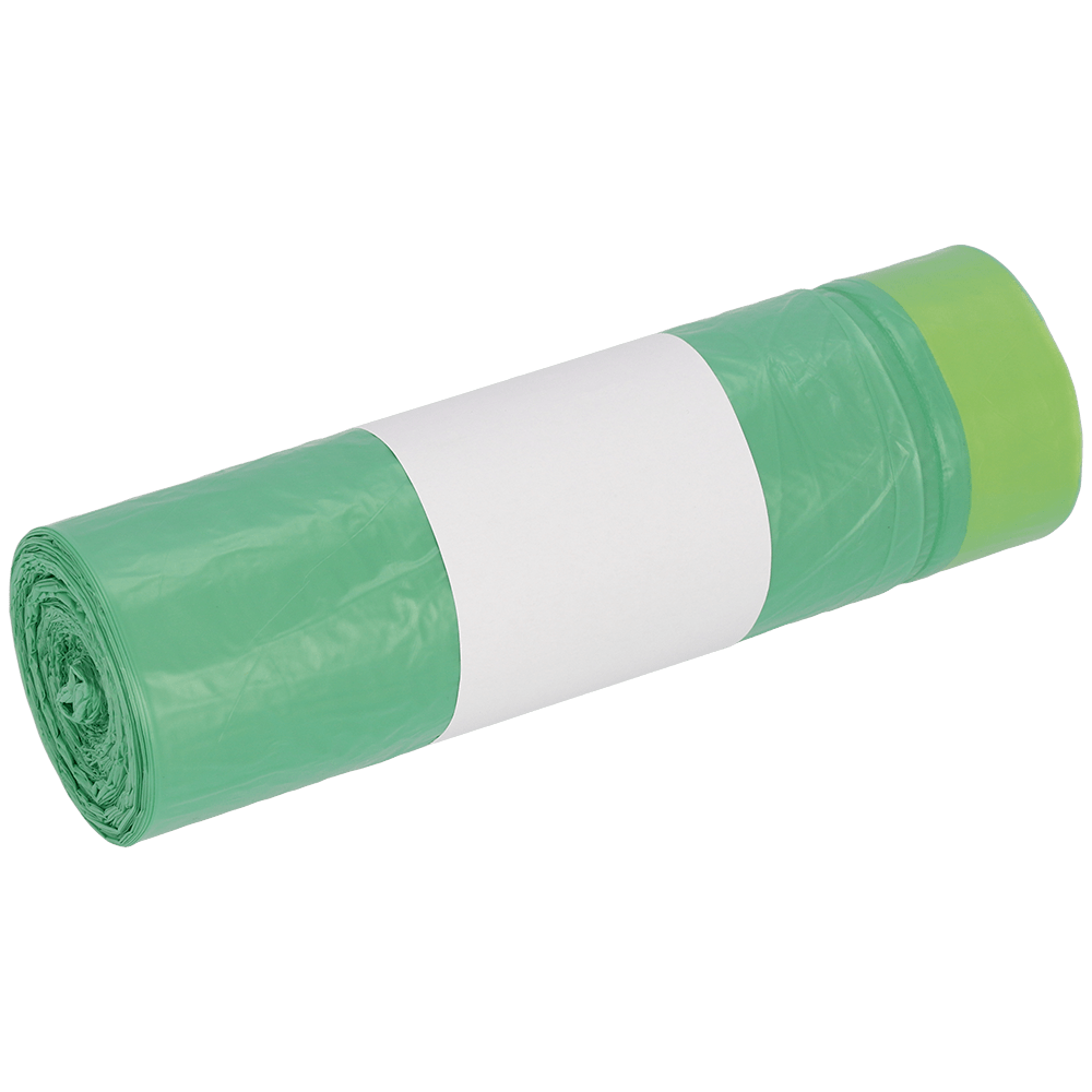 L'image montre un rouleau de sacs poubelle verts DEISS 52801 (20 pièces) de EMIL DEISS KG (GmbH + Co.) avec une étiquette blanche vierge au milieu sur fond blanc.