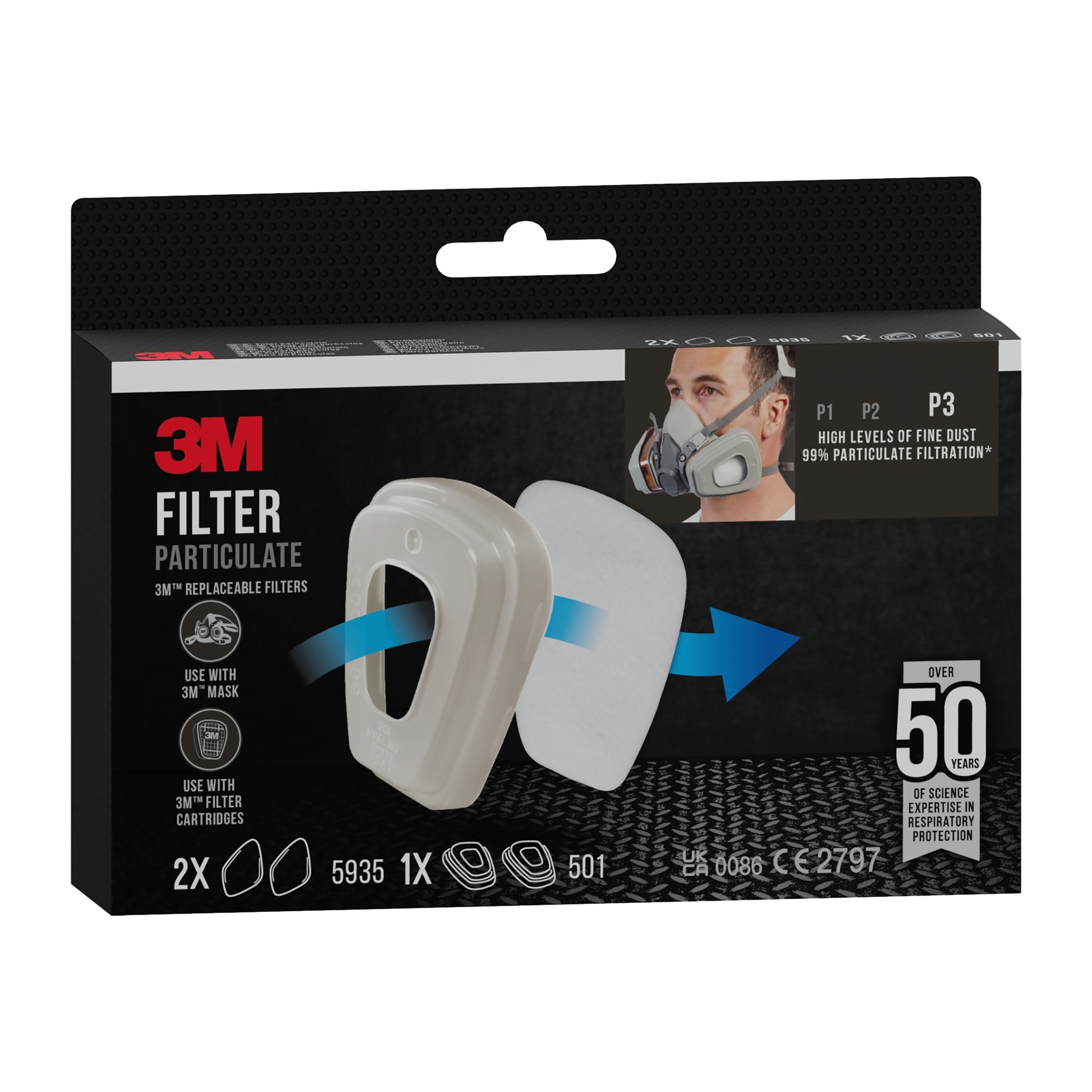 3M™ Partikelfilter 5935, P3, 2 Paar/Packung + Filterhalterung 501 (1 Paar), von 3M Deutschland GmbH: zeigt zwei Filter, Verpackungsdetails, und ein Maskenträger-Foto mit Hinweis auf über 50 Jahre Erfahrung.