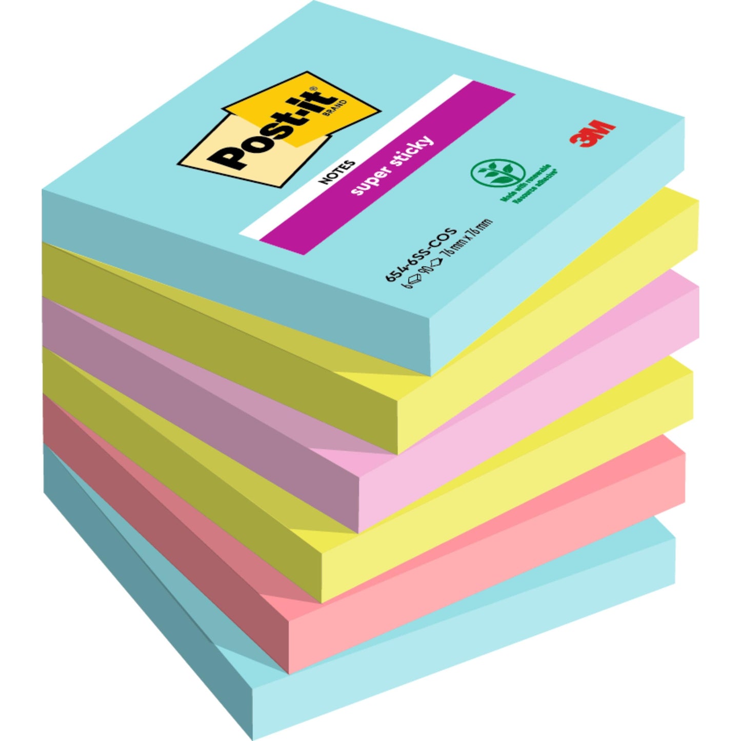 Une pile de six Post-it® Super Sticky Notes 3M, 76 mm x 76 mm, chaque bloc avec 90 feuilles dans les couleurs bleu, jaune, vert, rose, orange et bleu clair. Le bloc supérieur est marqué d'un logo éco PEFC à 100%.