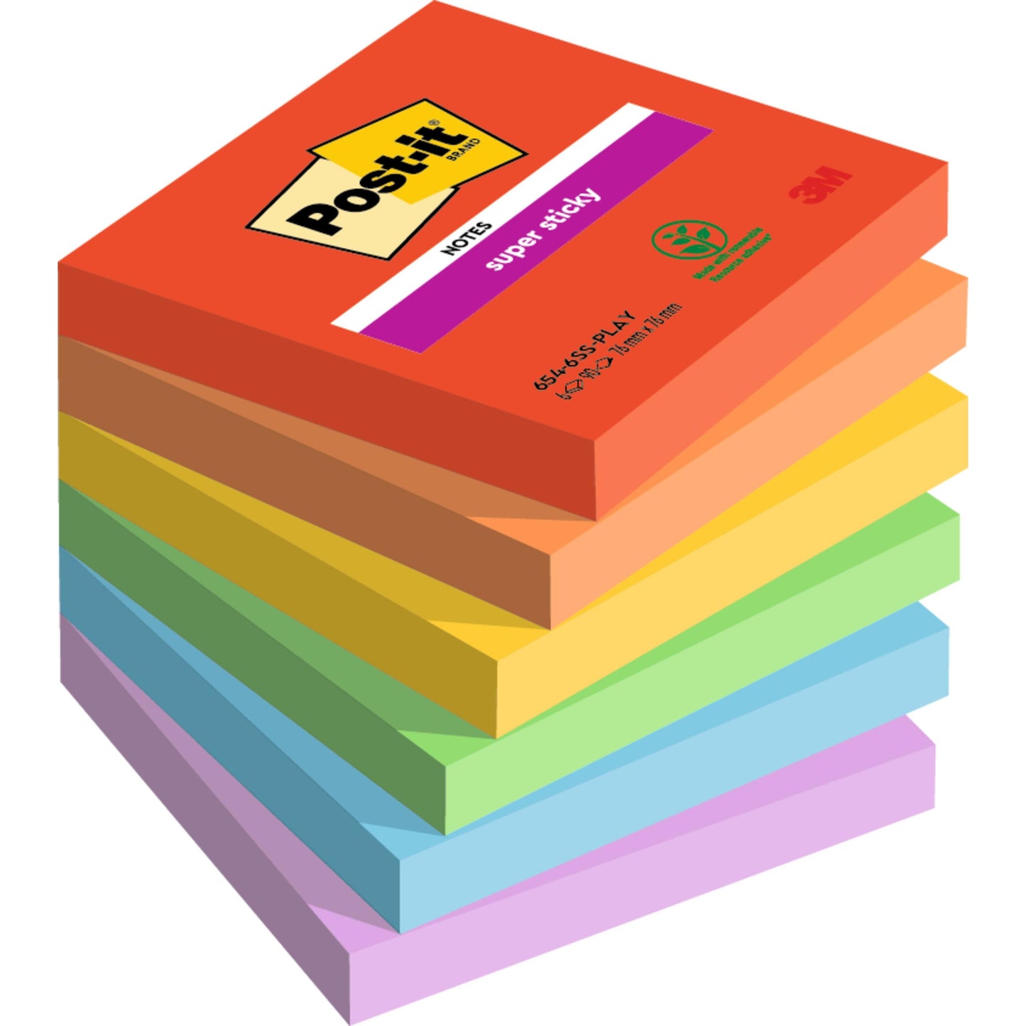 Une pile de huit Post-it® Super Sticky Notes 76 mm x 76 mm de 3M Deutschland GmbH dans différentes couleurs, chaque bloc contenant 90 feuilles et fabriqué à partir de papier certifié PEFC à 100%.