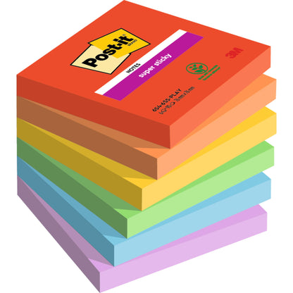 Une pile de huit Post-it® Super Sticky Notes 76 mm x 76 mm de 3M Deutschland GmbH dans différentes couleurs, chaque bloc contenant 90 feuilles et fabriqué à partir de papier certifié PEFC à 100%.