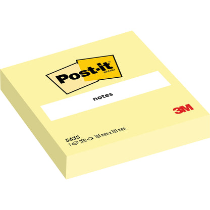 Le bloc de notes Post-it® de 3M Deutschland GmbH en jaune contient 200 feuilles (101 x 101 mm), idéal pour les fournitures de bureau. Le bloc porte l'étiquette "notes", est certifié à 100% PEFC (SGSCH-PEFC-COC-110078) et contient tous les logos de marque.