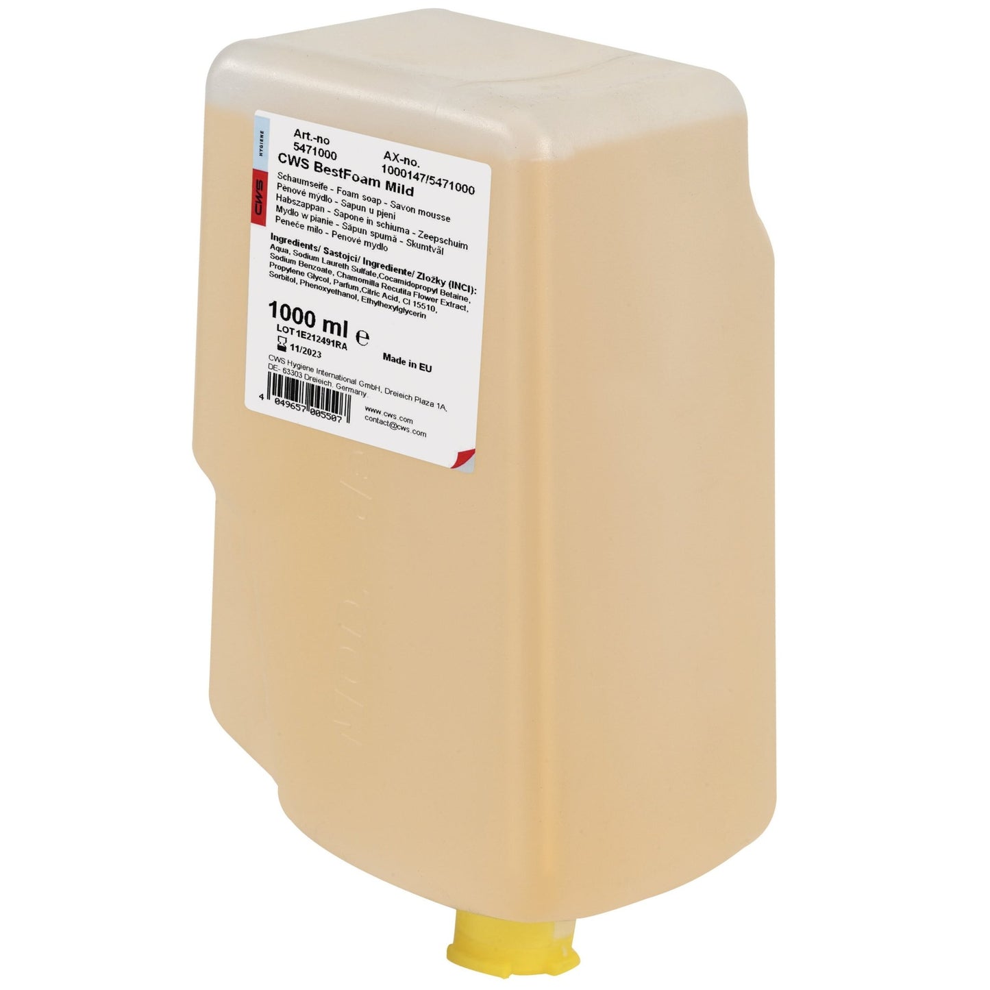 Ein rechteckiger Kunststoffbehälter mit 1000 ml CWS Seifenschaum BestFoam Mild von CWS, gefüllt mit gelber Seife für die tägliche Handhygiene, ist mit einem weißen Info-Etikett und einer gelben Spendertülle am Boden versehen.