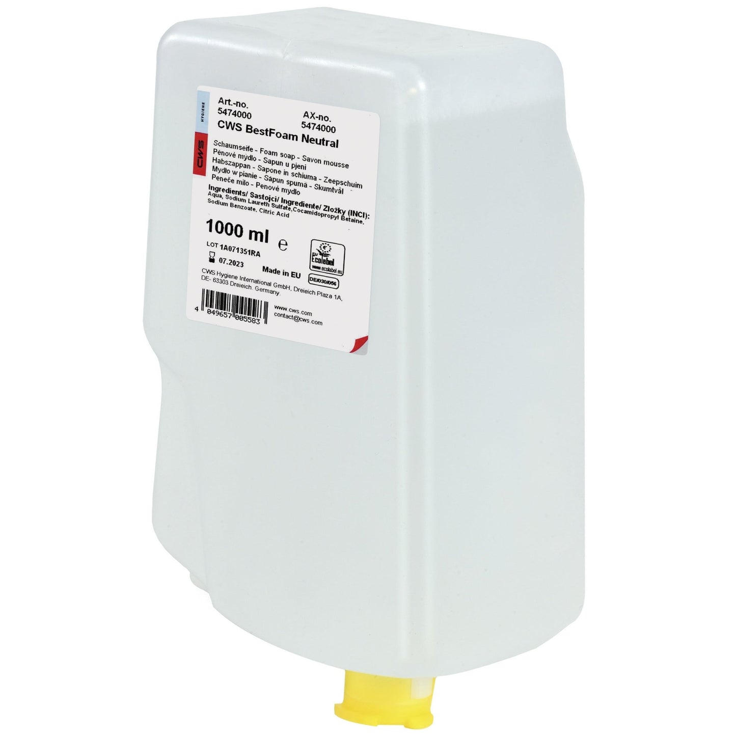 Un récipient rectangulaire en plastique transparent avec un embout jaune distribue la mousse de savon CWS BestFoam Neutral. L'étiquette blanche portant l'inscription "CWS BestFoam 1000 ml" indique la formule douce pour l'hygiène quotidienne des mains.