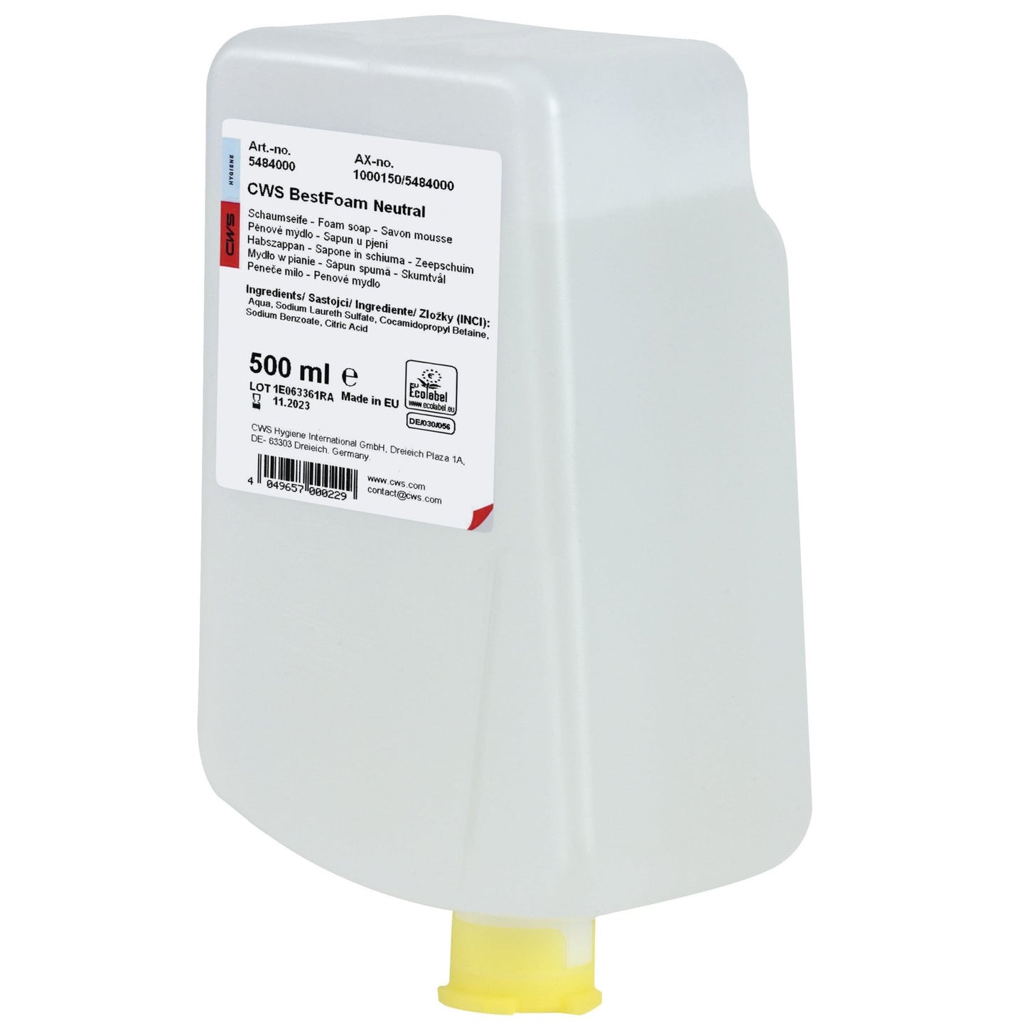 Un récipient de 500 ml en plastique transparent avec un couvercle distributeur jaune et une étiquette blanche portant l'inscription "CWS Seifenschaum BestFoam Neutral". La formule douce produit une mousse douce, ce qui la rend idéale pour l'hygiène quotidienne des mains. Marque : CWS.