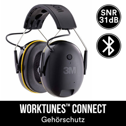 Nahaufnahme des Auslaufartikels: 3M™ WorkTunes™ Connect Kapselgehörschutz 90543E in Schwarz, SNR-Wert 31 dB, Bluetooth®, von 3M Deutschland GmbH. Text: "WORKTUNES CONNECT Gehörschutz" auf schwarzem Hintergrund.