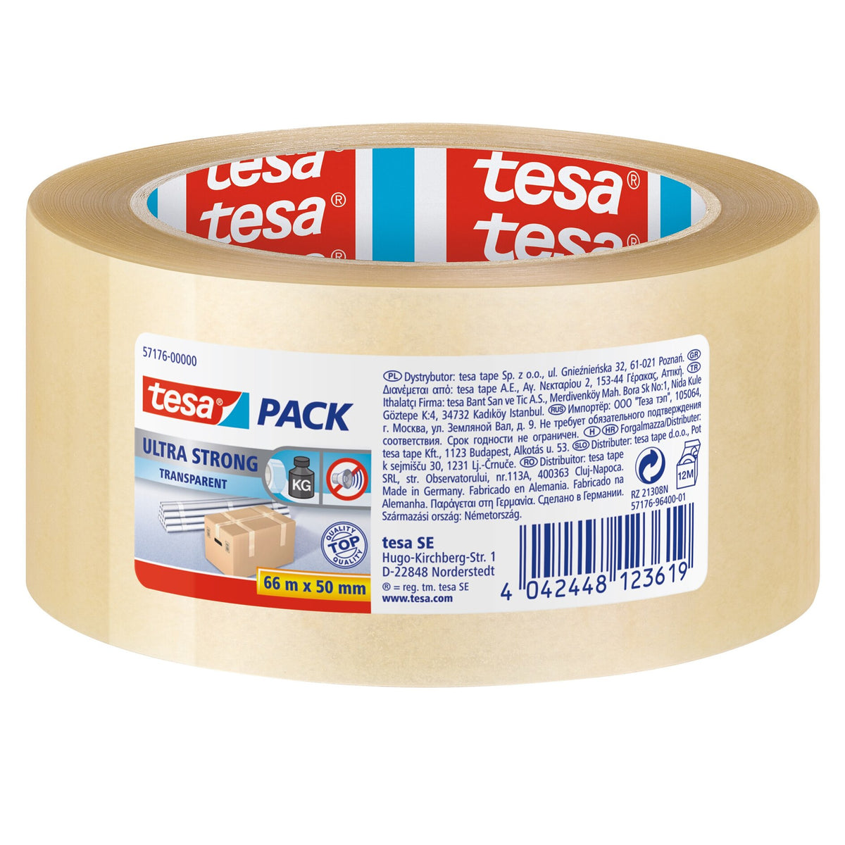 tesapack Ultra Strong Packband mit Etikett, transparent, 66 m x 50 mm