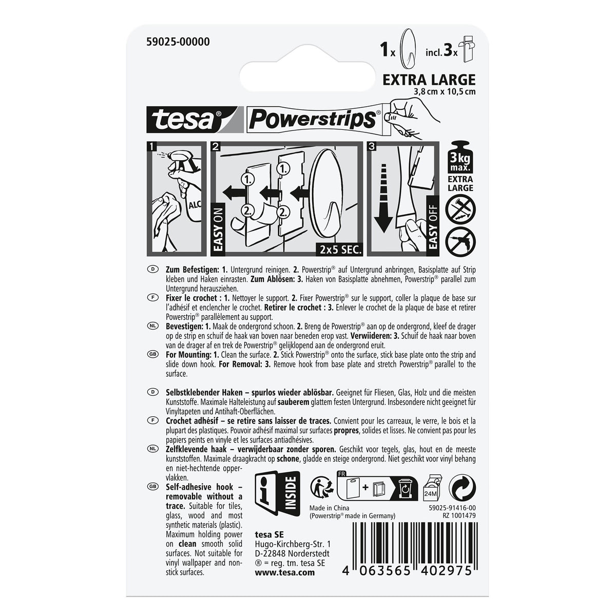 tesa Powerstrips Selbstklebende Haken, XL Oval, weiß