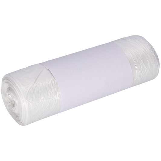 Eine Rolle DEISS Müllbeutel 490x600 mm aus HDPE 30 l der EMIL DEISS KG (GmbH + Co.) ist mit einer einfarbig weißen Papierbanderole umwickelt und dicht verpackt vor einem hellen Hintergrund abgebildet.