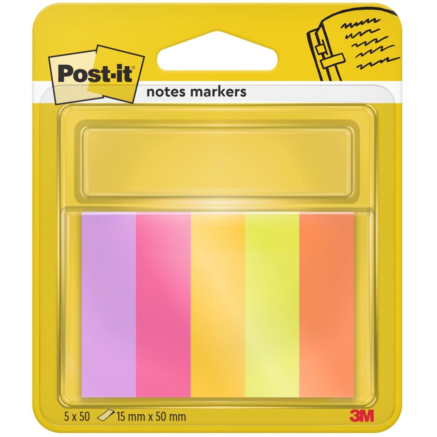 Le marque-page Post-it® de 3M Deutschland GmbH contient cinq blocs (violet, rose, orange, jaune, vert), chacun de 15 mm x 50 mm avec 50 feuilles par bloc et est fabriqué à partir de matériaux certifiés 100% PEFC.
