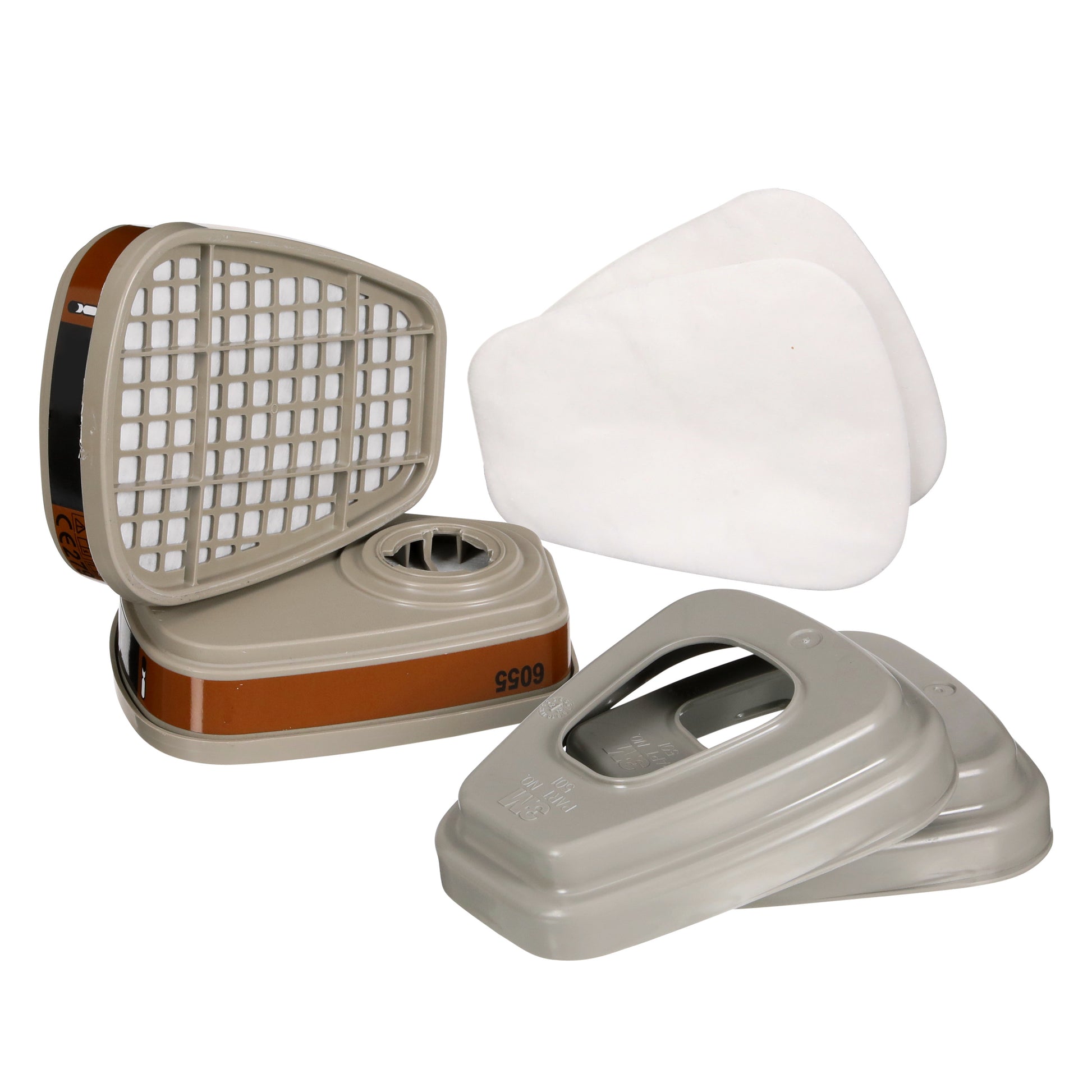 Der 3M™ Filtersatz 6003-1SP, A2P3 organische Dämpfe (2x6055, 2x5935, 2x501) von 3M Deutschland GmbH enthält zwei Filterpatronen, zwei weiße Pads und zwei graue Abdeckungen.