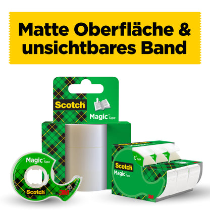 Trois paquets de ruban invisible Scotch® Magic™ 8-1915R3/2 de 3M Deutschland GmbH sont illustrés: chacun offre 2 rouleaux plus 1 rouleau gratuit (19 mm x 15 m), idéal pour les travaux manuels ou l'utilisation au bureau. En haut, le texte allemand "Surface mate & ruban invisible" est affiché.
