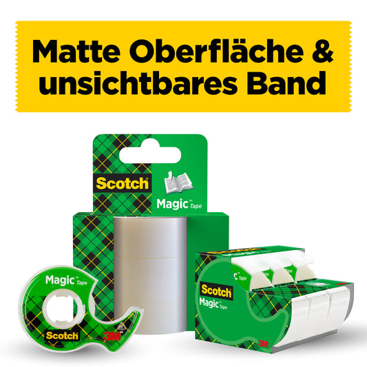 Eine Auslage von 3M's Scotch® Magic™ Unsichtbares Klebeband 8-1915R3/2 in einer grünen Verpackung, die einen Klebebandabroller, einen Karton und Klebebandrollen enthält. Auf einem gelben Banner darüber steht "Matte Oberfläche & unsichtbares Band" auf Deutsch.