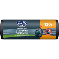 Eine Rolle Swirl Schwerlast-Säcke Profi mit Zugband 120 l (12 Säcke) von Melitta Europa GmbH & Co. KG, reißfest und auslaufsicher, aus 100 % Recycling-Kunststoff, in schwarzer Verpackung mit deutscher Produktinfo.