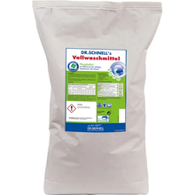 Eine ungeöffnete, große weiße Plastiktüte von Dr. Schnell DR.SCHNELL'S VOLLWASCHMITTEL von DR.SCHNELL GmbH & Co. KGaA, mit grünen und blauen Akzenten und deutschen Produktangaben, Gebrauchsanweisungen und Sicherheitshinweisen.