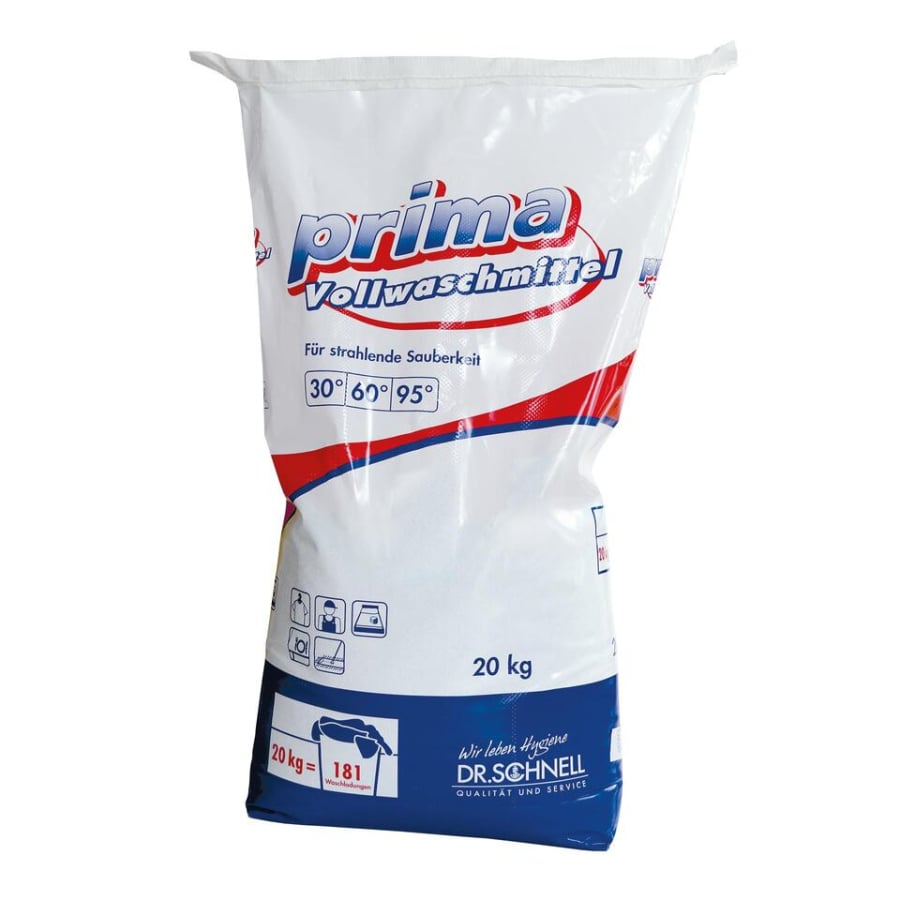 Eine 20 kg Packung Dr. Schnell PRIMA Vollwaschmittel Textilhygiene Pulver der DR.SCHNELL GmbH & Co. KGaA, für Wäschehygiene, in rot-blau-weißer Verpackung mit 30°, 60°, 95° Symbolen und deutschen Angaben.