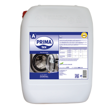 Ein großer weißer 20 kg Kunststoffbehälter mit der Aufschrift "Dr. Schnell PRIMA TEX" der DR.SCHNELL GmbH & Co. KGaA ist mit einem blauen Etikett mit Waschmaschinenbild, Dosierungstabelle und gelber Zertifizierungsmarke versehen - ideal für die professionelle Reinigung.