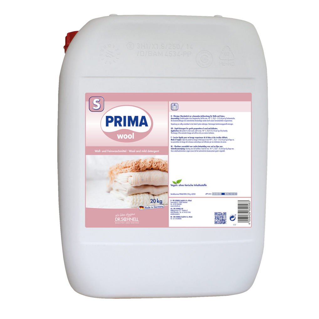 Ein weißer 20 kg Kanister Dr. Schnell PRIMA WOOL Flüssiges Waschmittel für Wolle und Feines von DR.SCHNELL GmbH & Co. KGaA, reinigt hygienisch Wolle und Feines mit Produktinformation und Anwendungshinweisen auf dem Etikett.